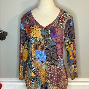 Johnny Was Blue and Gold Graphic 3/4 Sleeve Blouse